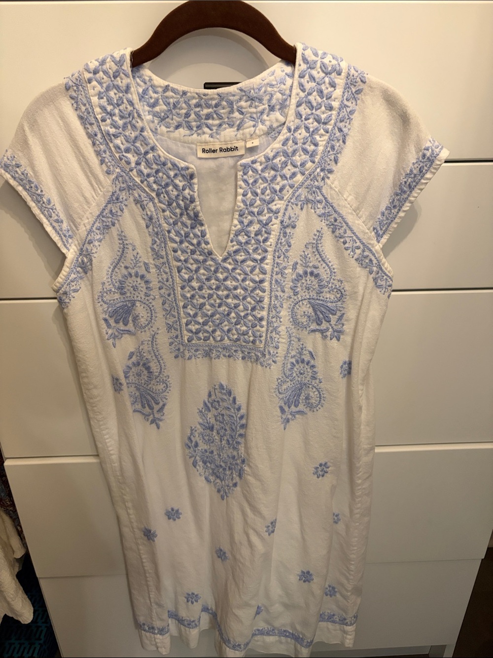 Roller Rabbit White Dress with Light Blue Embroidery Accents